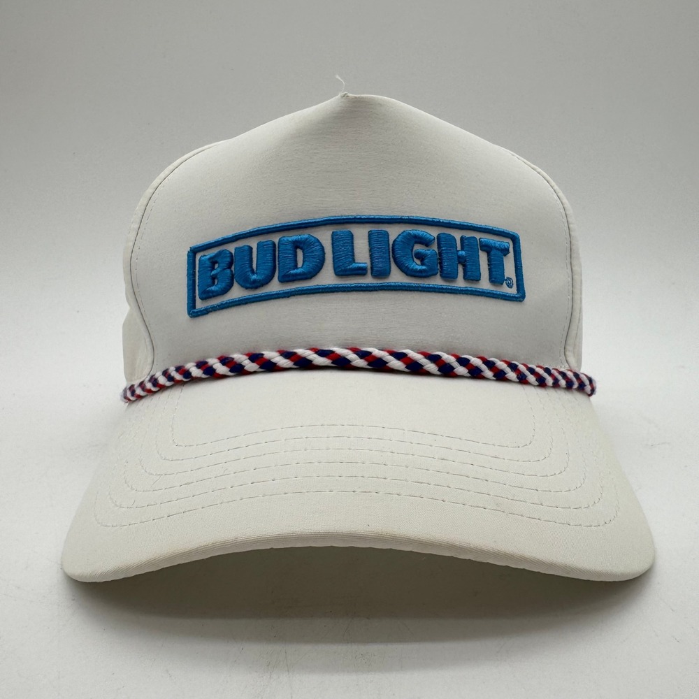 Bud Light White Rope Snapback Hat Blue Embroidered Beer Logo Adjustable Cap